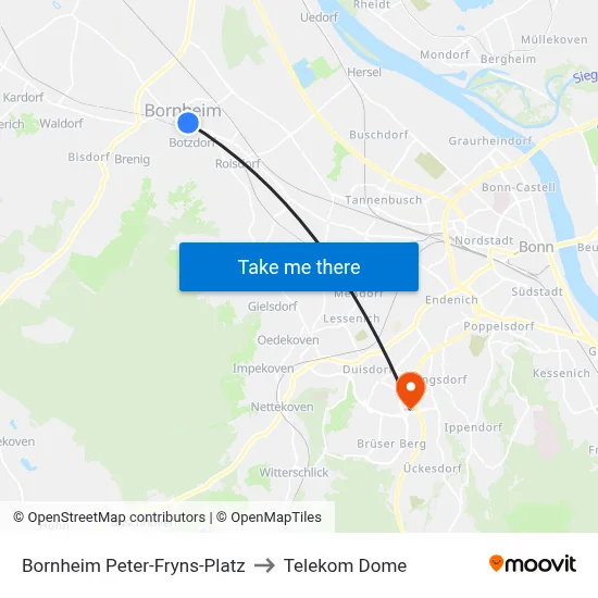 Bornheim Peter-Fryns-Platz to Telekom Dome map