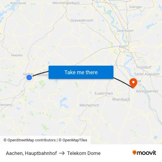 Aachen, Hauptbahnhof to Telekom Dome map
