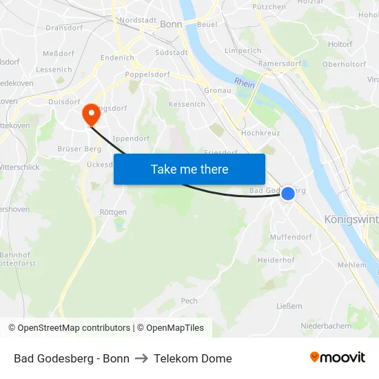 Bad Godesberg - Bonn to Telekom Dome map