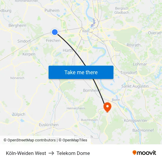 Köln-Weiden West to Telekom Dome map