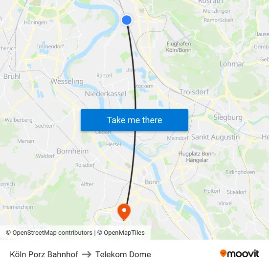 Köln Porz Bahnhof to Telekom Dome map
