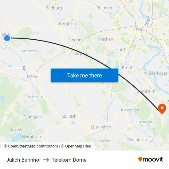 Jülich Bahnhof to Telekom Dome map