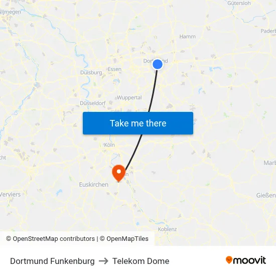 Dortmund Funkenburg to Telekom Dome map
