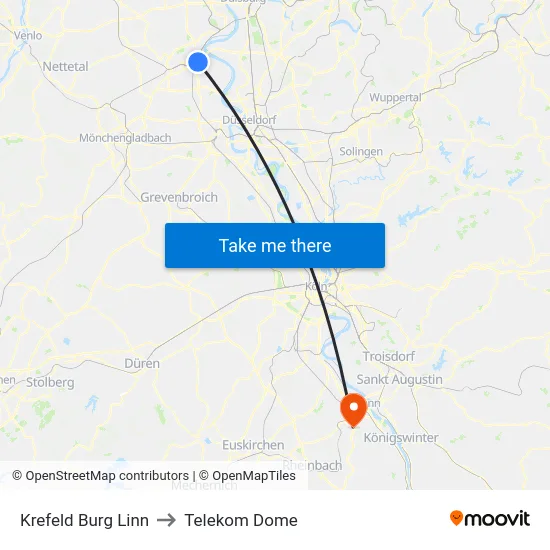 Krefeld Burg Linn to Telekom Dome map