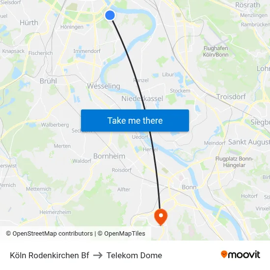 Köln Rodenkirchen Bf to Telekom Dome map