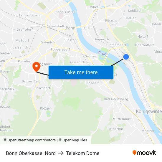 Bonn Oberkassel Nord to Telekom Dome map