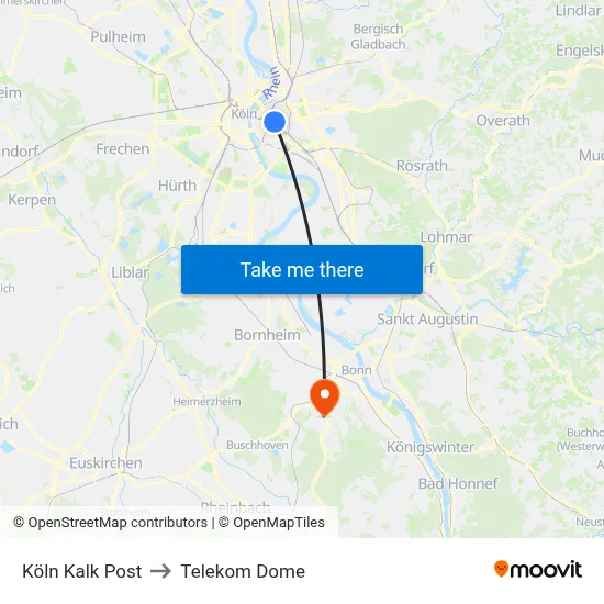 Köln Kalk Post to Telekom Dome map