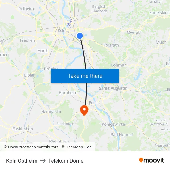 Köln Ostheim to Telekom Dome map