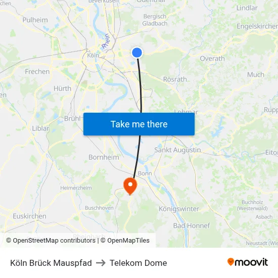 Köln Brück Mauspfad to Telekom Dome map