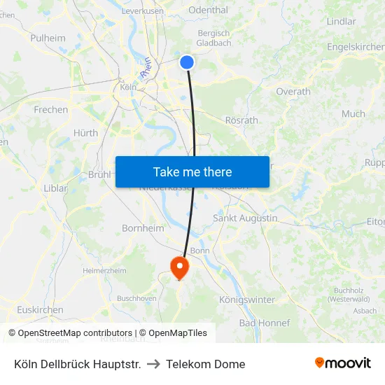 Köln Dellbrück Hauptstr. to Telekom Dome map