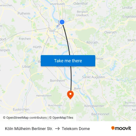 Köln Mülheim Berliner Str. to Telekom Dome map