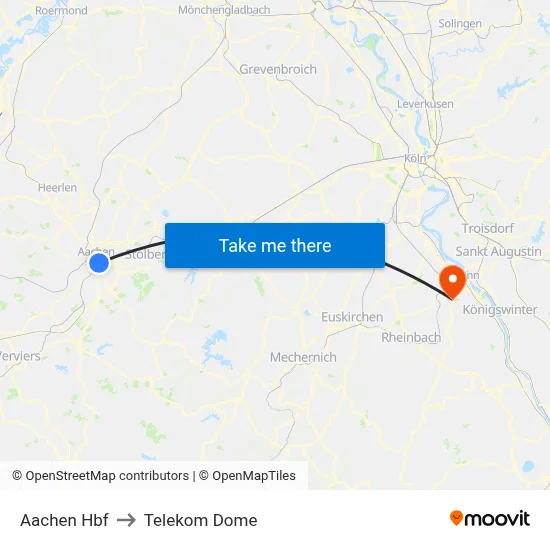 Aachen Hbf to Telekom Dome map