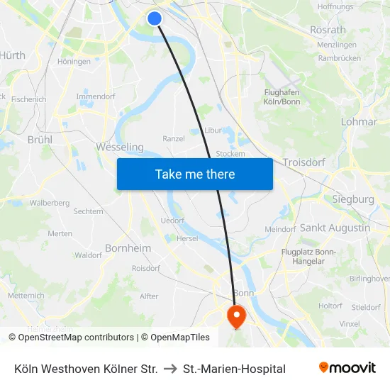 Köln Westhoven Kölner Str. to St.-Marien-Hospital map