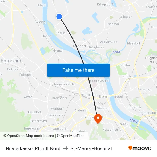 Niederkassel Rheidt Nord to St.-Marien-Hospital map