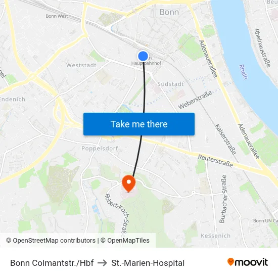 Bonn Colmantstr./Hbf to St.-Marien-Hospital map