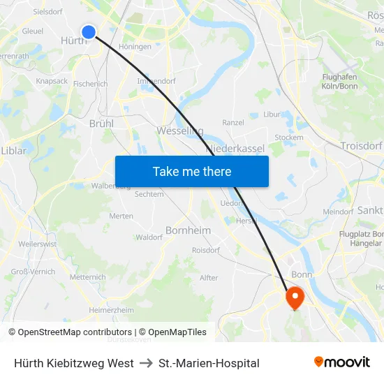 Hürth Kiebitzweg West to St.-Marien-Hospital map