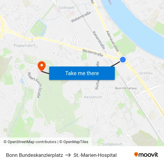 Bonn Bundeskanzlerplatz to St.-Marien-Hospital map
