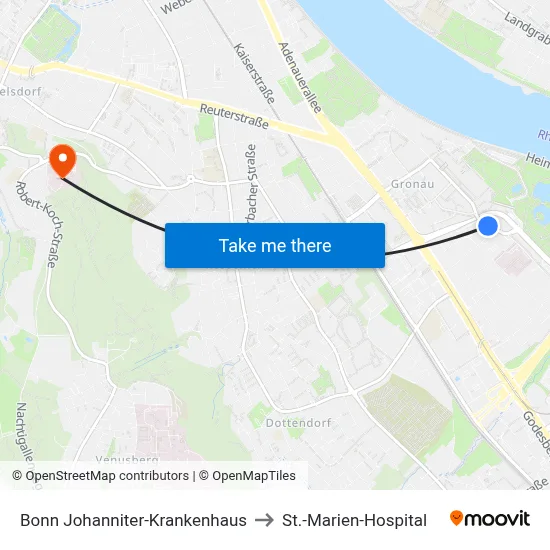 Bonn Johanniter-Krankenhaus to St.-Marien-Hospital map