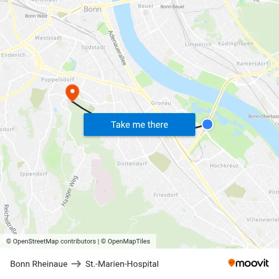 Bonn Rheinaue to St.-Marien-Hospital map
