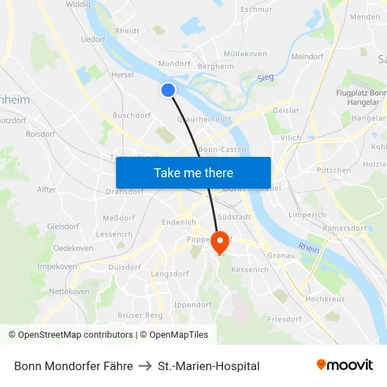 Bonn Mondorfer Fähre to St.-Marien-Hospital map
