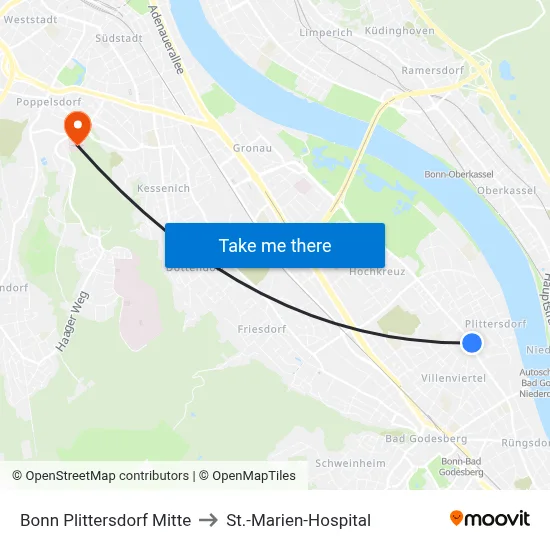 Bonn Plittersdorf Mitte to St.-Marien-Hospital map