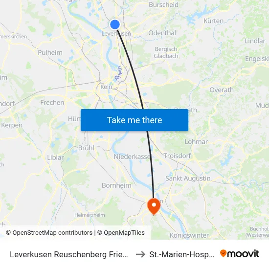 Leverkusen Reuschenberg Friedhof to St.-Marien-Hospital map