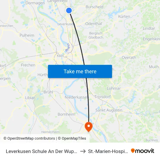 Leverkusen Schule An Der Wupper to St.-Marien-Hospital map