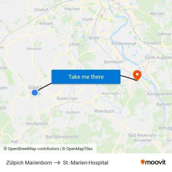Zülpich Marienborn to St.-Marien-Hospital map