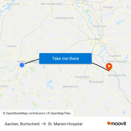 Aachen, Burtscheid to St.-Marien-Hospital map