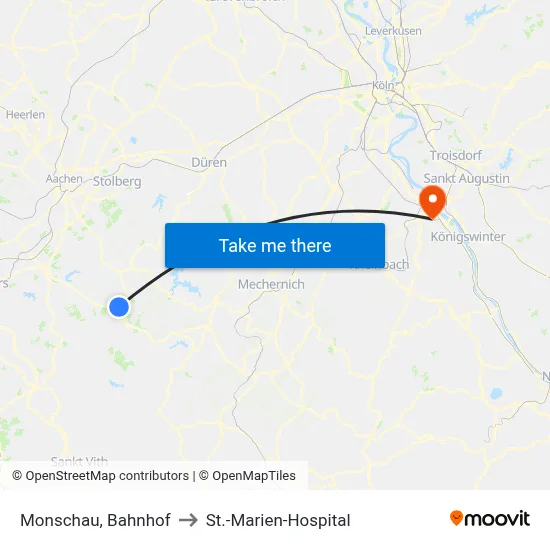 Monschau, Bahnhof to St.-Marien-Hospital map