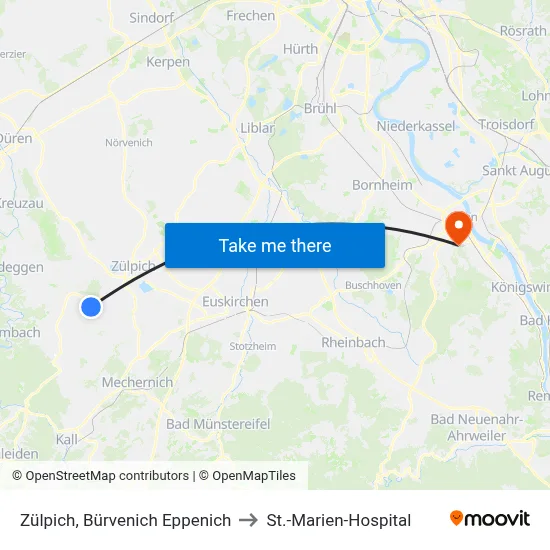 Zülpich, Bürvenich Eppenich to St.-Marien-Hospital map