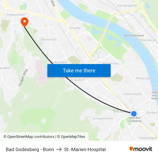 Bad Godesberg - Bonn to St.-Marien-Hospital map