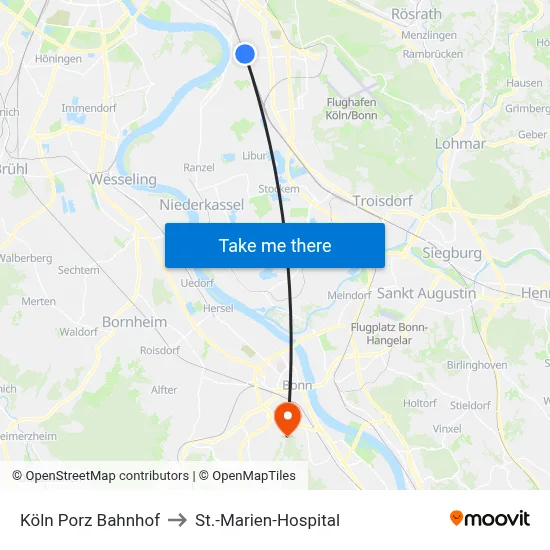 Köln Porz Bahnhof to St.-Marien-Hospital map