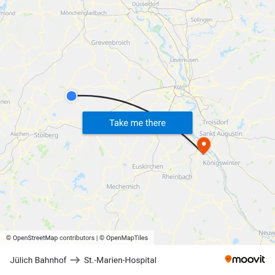 Jülich Bahnhof to St.-Marien-Hospital map