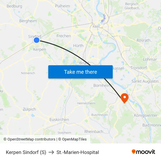 Kerpen Sindorf (S) to St.-Marien-Hospital map