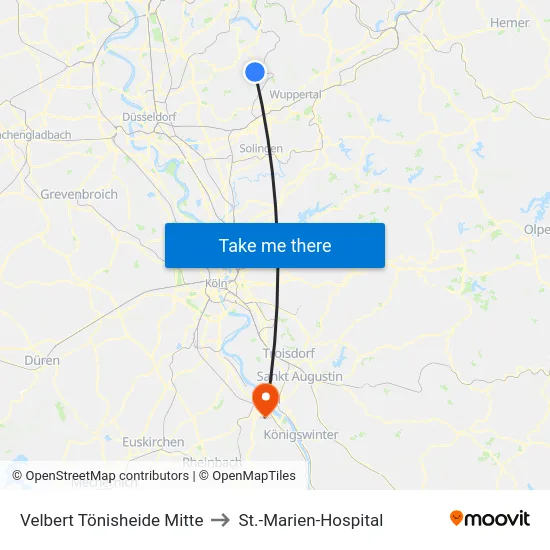 Velbert Tönisheide Mitte to St.-Marien-Hospital map