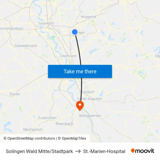Solingen Wald Mitte/Stadtpark to St.-Marien-Hospital map