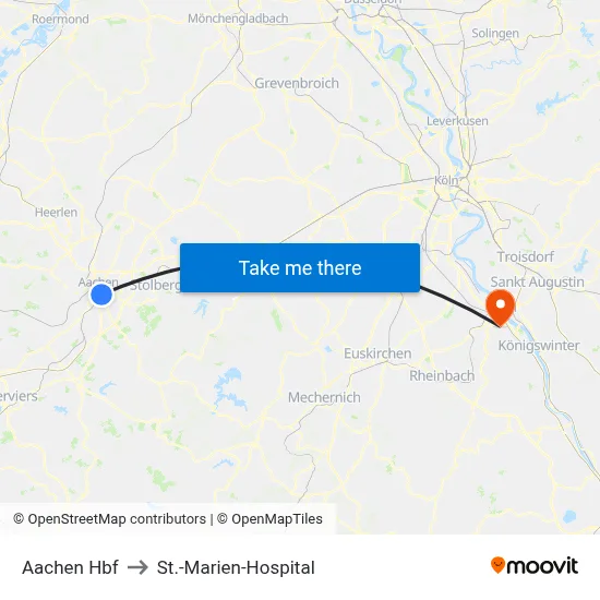 Aachen Hbf to St.-Marien-Hospital map