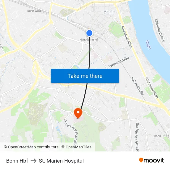 Bonn Hbf to St.-Marien-Hospital map