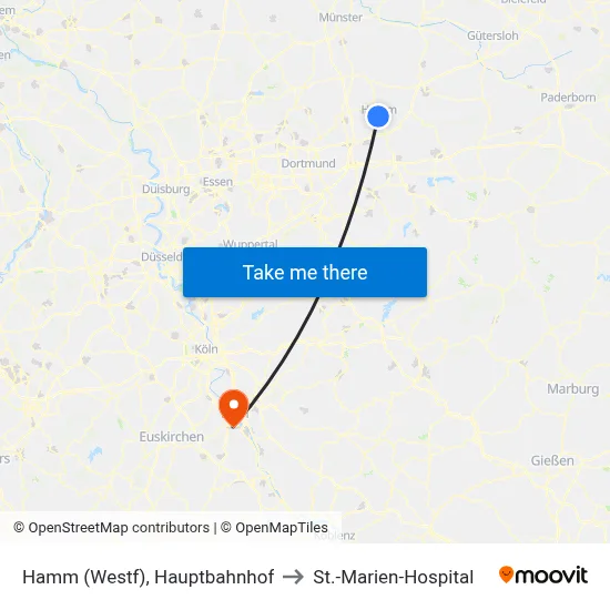 Hamm (Westf), Hauptbahnhof to St.-Marien-Hospital map