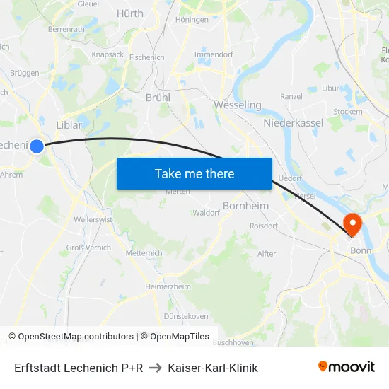 Erftstadt Lechenich P+R to Kaiser-Karl-Klinik map