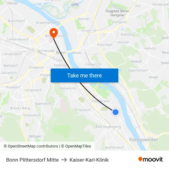 Bonn Plittersdorf Mitte to Kaiser-Karl-Klinik map
