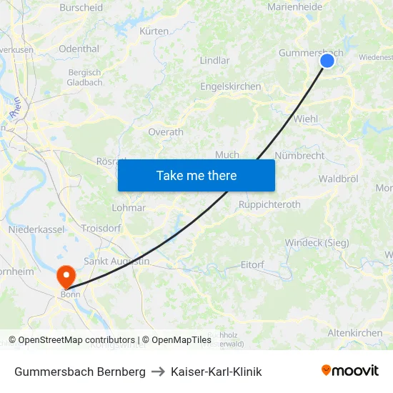 Gummersbach Bernberg to Kaiser-Karl-Klinik map