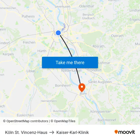 Köln St. Vincenz-Haus to Kaiser-Karl-Klinik map