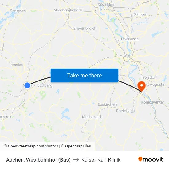 Aachen, Westbahnhof (Bus) to Kaiser-Karl-Klinik map