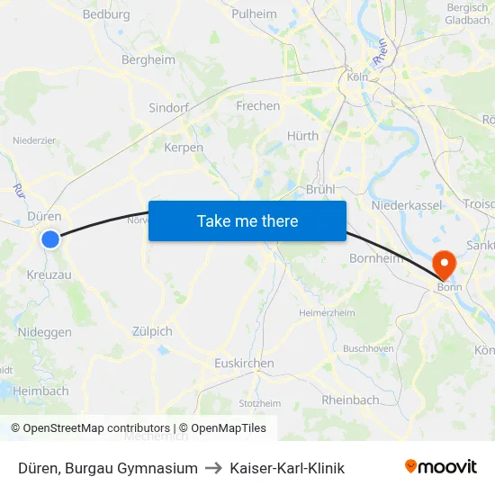 Düren, Burgau Gymnasium to Kaiser-Karl-Klinik map
