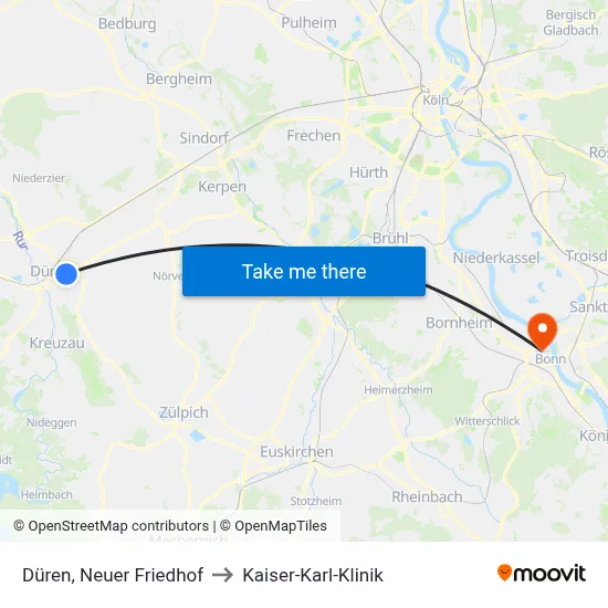 Düren, Neuer Friedhof to Kaiser-Karl-Klinik map