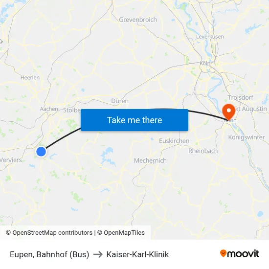 Eupen, Bahnhof (Bus) to Kaiser-Karl-Klinik map