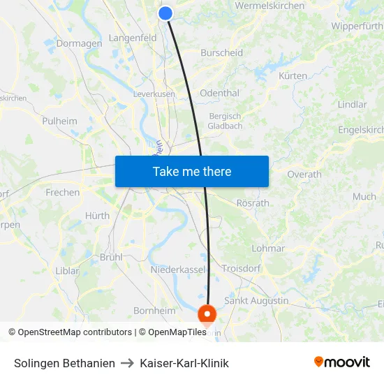 Solingen Bethanien to Kaiser-Karl-Klinik map