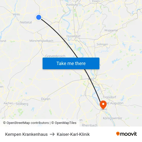 Kempen Krankenhaus to Kaiser-Karl-Klinik map